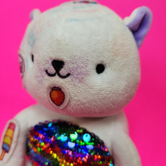 RMS White Graffiti Cat Plush Toy Sequin Belly Weighted Bottom 6.5 in. - Picture 2 of 8